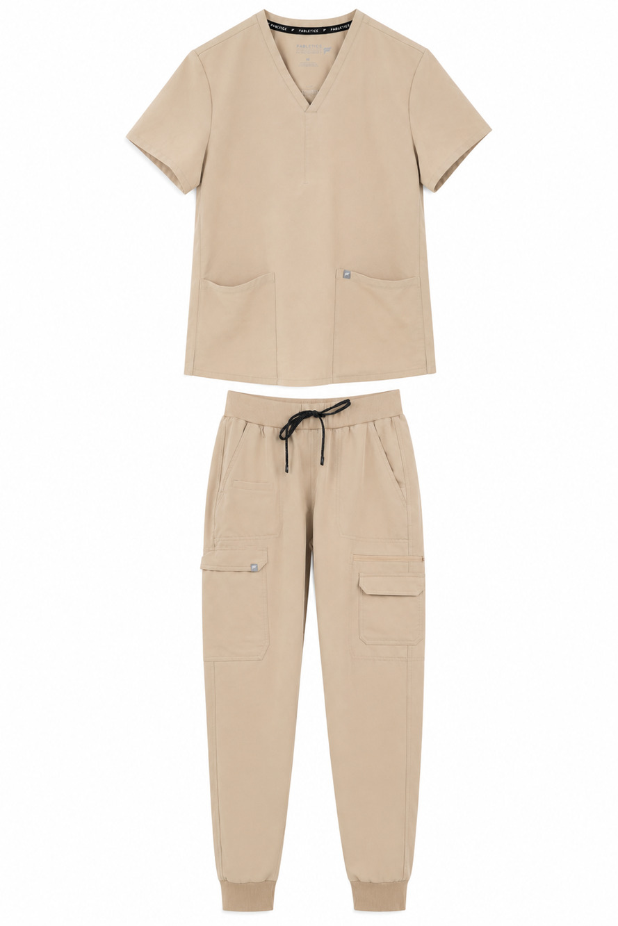 Fabletics Sz M Evoke Cargo Scrub Jogger Set 2 Pocket Scrub Top Desert Shadow Tan